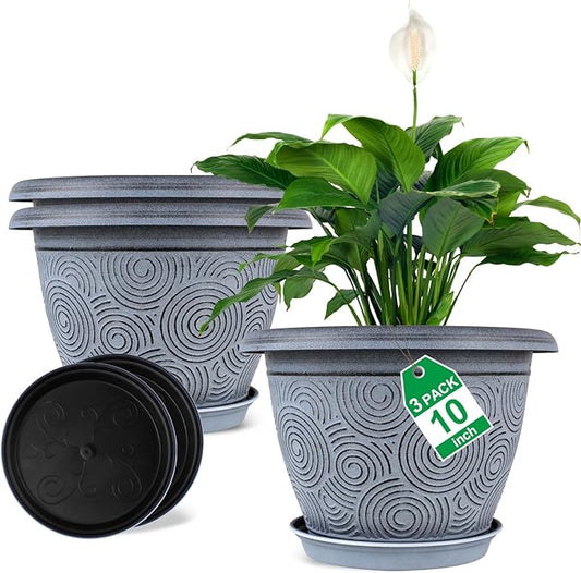10 Inch Flower Pots Planters for Indoor Outdoor Plants, 3 Pack Plastic Large Plant Pots with Drainage Hole & Tray, Modern Decorative Garden Pot with Saucer, Plant Container for House