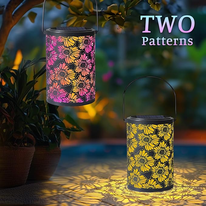 Solar-Powered Iron Art Lantern - Two Lighting Modes Waterproof Hanging Ambiance Lighting for Gardens & Patios, Perfect as Decorative Gift Housewarming Gift Mom Gifts (Flower)