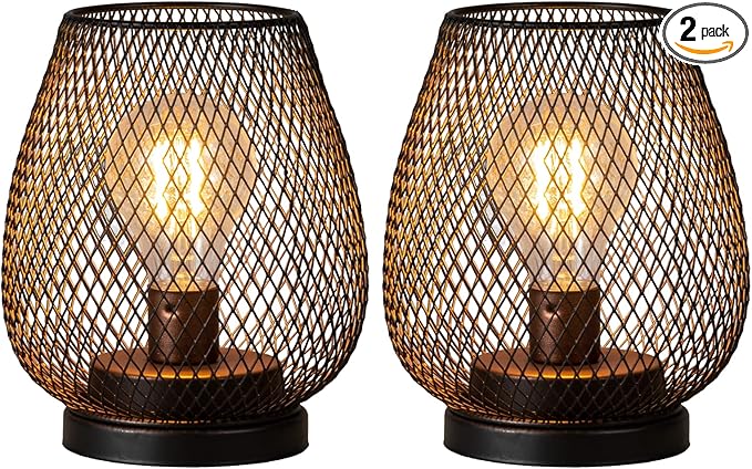 DECORKEY Set of 2 Rechargeable LED Table Lantern, Brown Metal Cage Cordless Lamps with LED Bulb，Vintage Decorative Outdoor Lantern for Weddings, Parties, Patio, Events for Indoors Shelf Decor