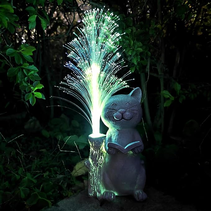 Cat Solar Garden Statues,Resin Cat Figurine Reading a Book and 7-Color Changing Optical Fiber with Solar Lights, Lawn Decor Outdoor Statue for Patio,Balcony,Yard,Lawn Ornament