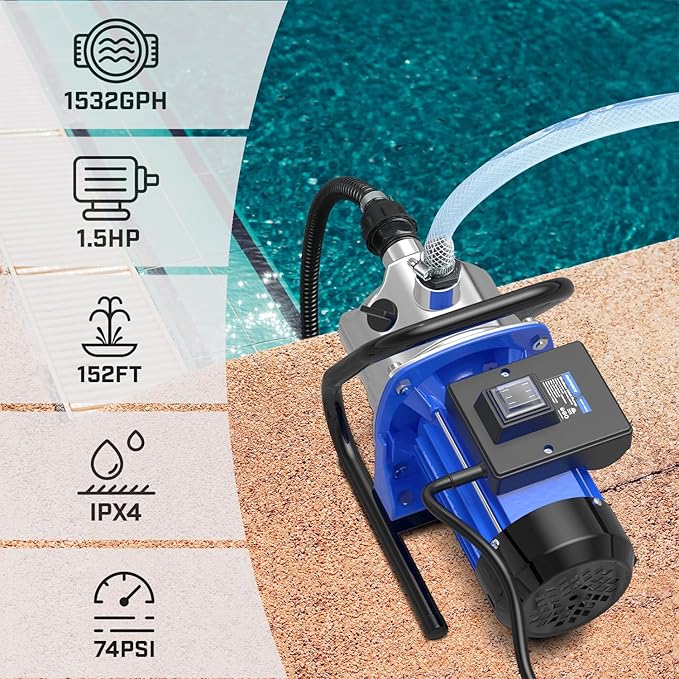 110V Electric Shallow Well Pump, 1.5HP 1532GPH 152FT Water Transfer Pump, Portable Stainless Steel Sprinkler Booster Jet Water Pumps for Garden Lawn Irrigation System