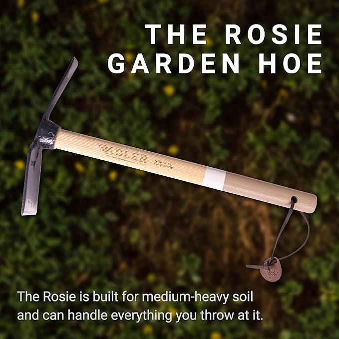 Adler - The Rosie Garden Hoe, Heavy Duty Yard Tool Lawn Care, Loosening Soil, Weeding, and Digging, Steel Head 10.6 inches, Wood Handle 17.7 inches (Mocha)