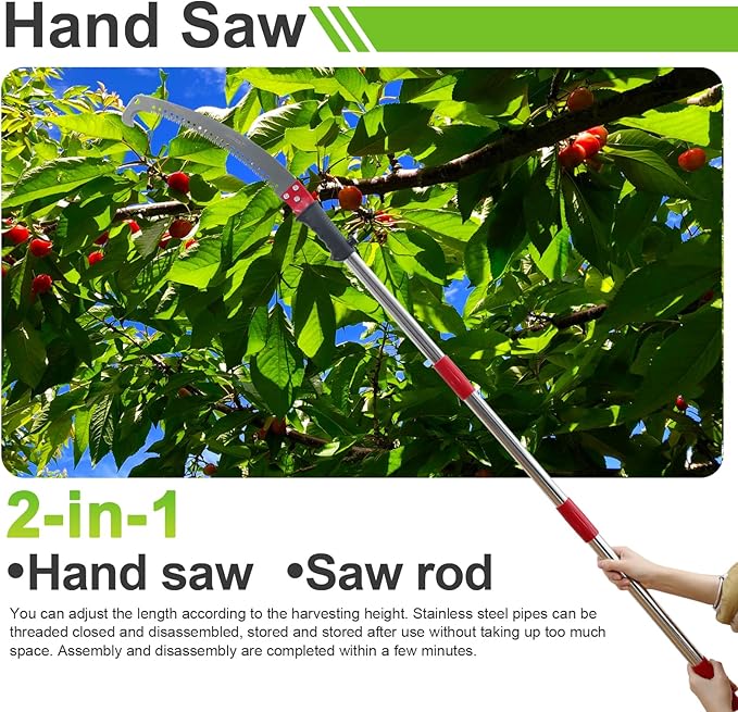 2-in-1 9 FT Pole Saw and Fruit Picker for Tree Trimming and Fruit Harvesting, SK5 Blade and High Carbon Steel Fruit Picker for Cutting High Branches and Fruit Grabber, Stainless Steel Pole
