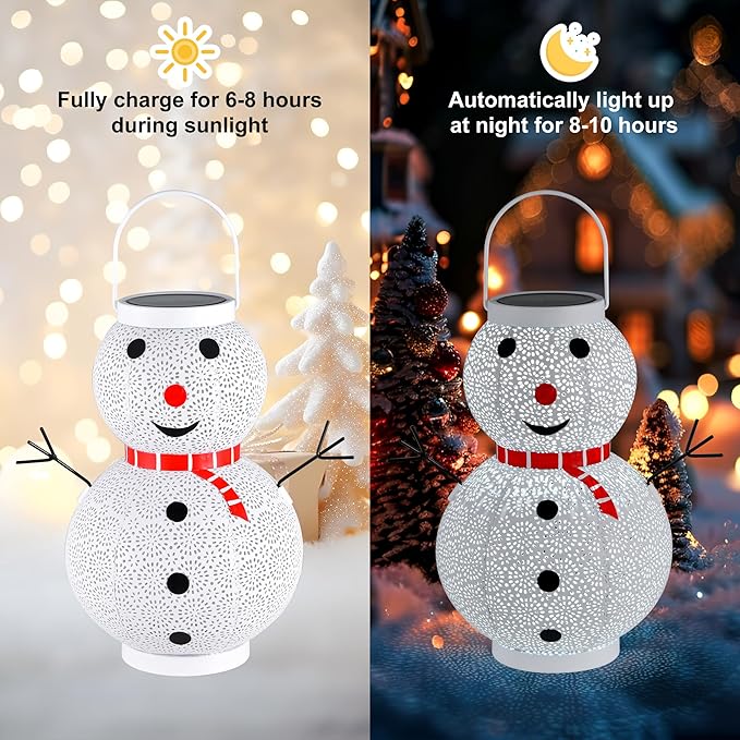 Christmas Decorations Snowman Solar Lantern - Snowman Solar Hanging Lantern Outdoor Waterproof , Metal Standing Solar Powered LED Lantern Decorative Lights for Outside Garden Yard Porch - White
