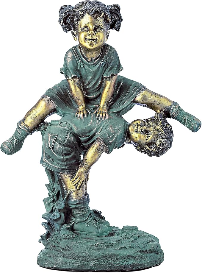 Alpine Corporation 26" Tall Indoor/Outdoor Girl Jumping Over Boy Statue Yard Art Decoration