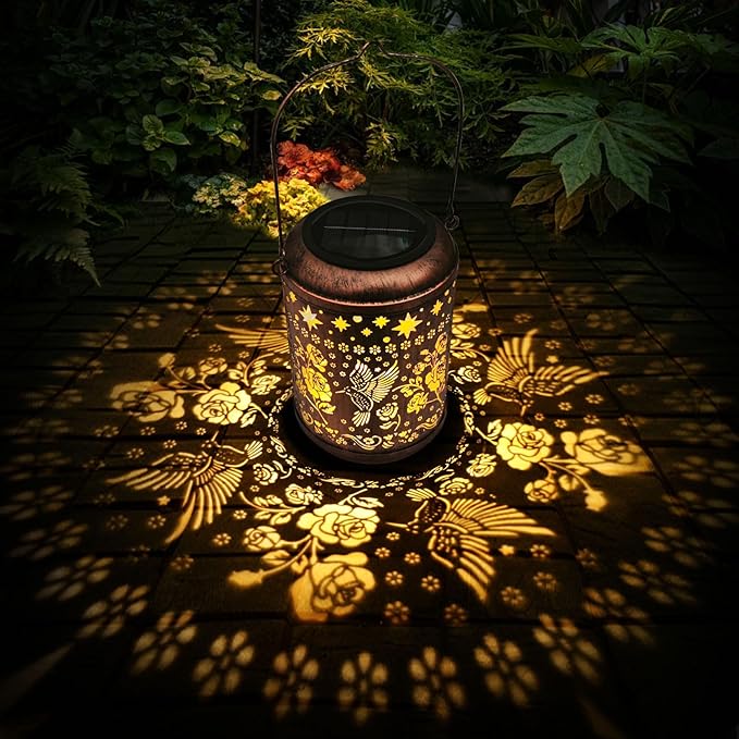 Kaixoxin 2 Pack Solar Garden Decor Metal Lantern Hummingbird Table Lamp Bronze Outdoor Dercoration Great Gift for Women Mon Grandma Hanging Lights for Patio Courtyard Garden