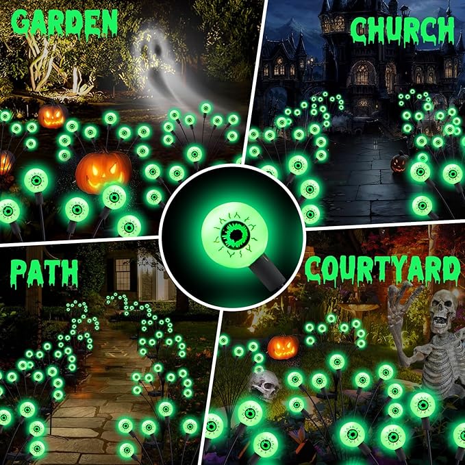 ASMAD Halloween Decorations Outdoor Solar Scary Eyeball Lights, 4Pack 32LEDs Green Eyeball Swaying Firefly Light, Waterproof Halloween Path Lights for Garden/Yard/Patio/Party Decor