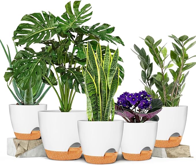 GARDIFE Plant Pots 7/6.5/6/5.5/5 Inch Self Watering Planters with Drainage Hole, Plastic Flower Pots, Nursery Planting Pot for All House Plants, Succulents,Snake Plant, African Violet, Flowers,White