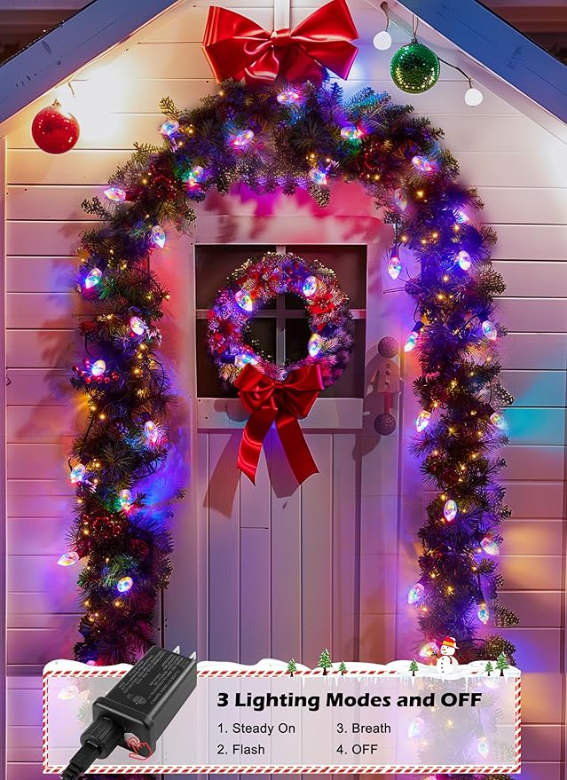 C9 LED Christmas Lights Outdoor, 25 Ft C9 String Lights with 20 Shatterproof LED Bulbs, 3 Light Mode, Connectable Waterproof Christmas Tree Lights for Outside Indoor Holiday Garden Decor, Multicolor