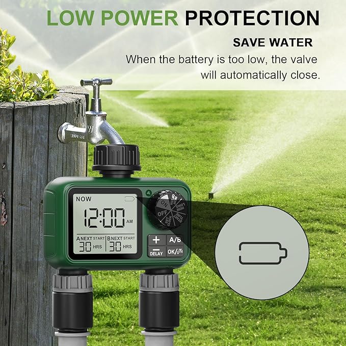 2 Outlet Sprinkler Timer, XinFuture Water Timer, Programmable Garden Hose Timer with Rain Delay, Manual& Automatic Watering System, Waterproof Digital Irrigation Timer for 2 Separate Watering Zones