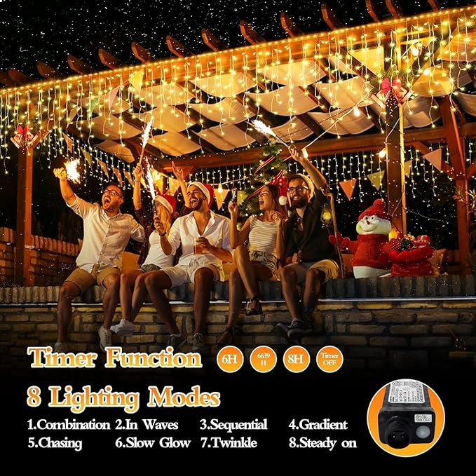 480 LED 49FT Christmas Lights Plug in 8 Modes with Timer Dimmable Christmas Decorations Outdoor Waterproof Indoor Curtain String Lights for Roof Garden Holiday Wedding Party Decor Warm White