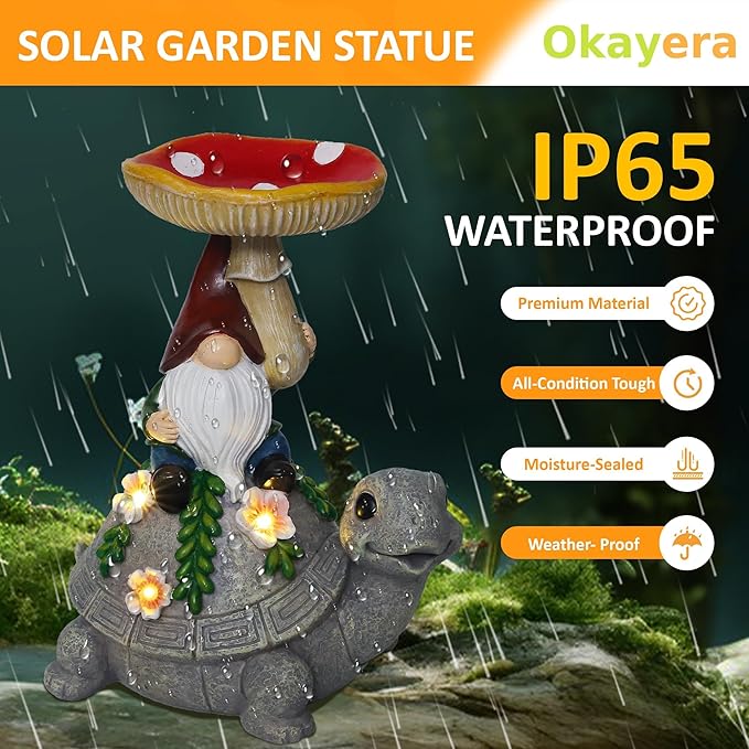 Turtle Garden Statue with Mushroom Bird Bath Outdoor Decor, Gnome Bird Feeder with Solar LED Light Waterproof for Yard Lawn Outdoor Decorations, Easter Gifts to Women Birthday Mother's Day