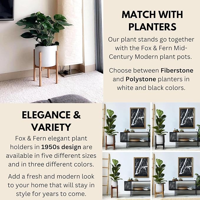 Fox & Fern Adjustable Plant Stand Indoor — 8 to 12 Inch Mid Century Modern Plant Stand with Adjustable Width; Plug In Design; Easy to Assemble; Two Height Options - For 8, 9, 10, 11 & 12 Inch Pots