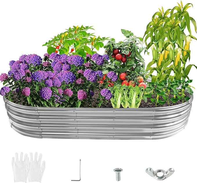 Durable -0.8MM Thick,Crimped Edge 6X3X1 FT Large Oval Galvanized Steel Raised Garden Bed/Galvanized Metal Planter Box for Planting in The Backyard/Garden (Silver, 72X36X12 Inches)