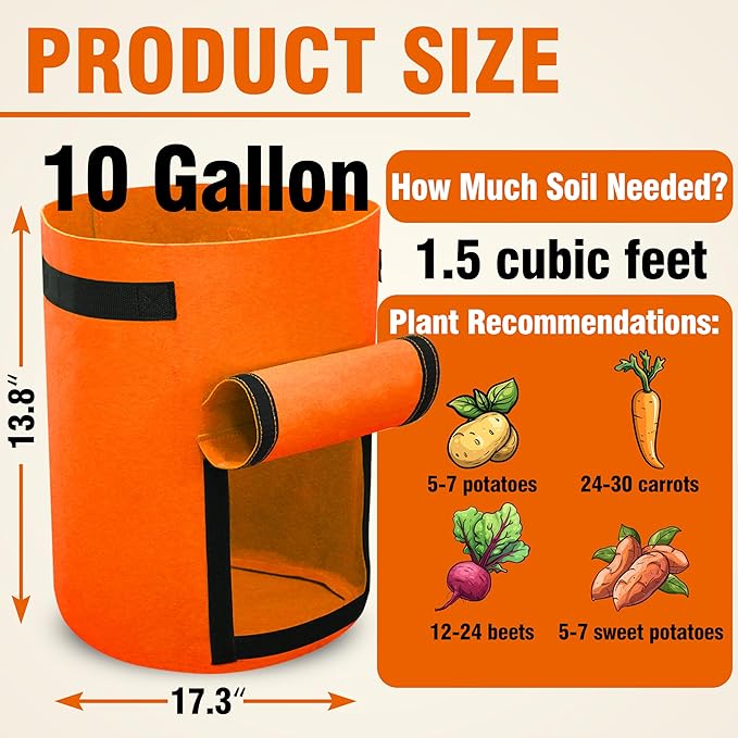 Gardzen 6 Pack BPA-Free 10 Gallon Vegetable Grow Bags with Access Flap and Handles, Suitable for Planting Potato, Taro, Beets, Carrots, Onions, Peanut