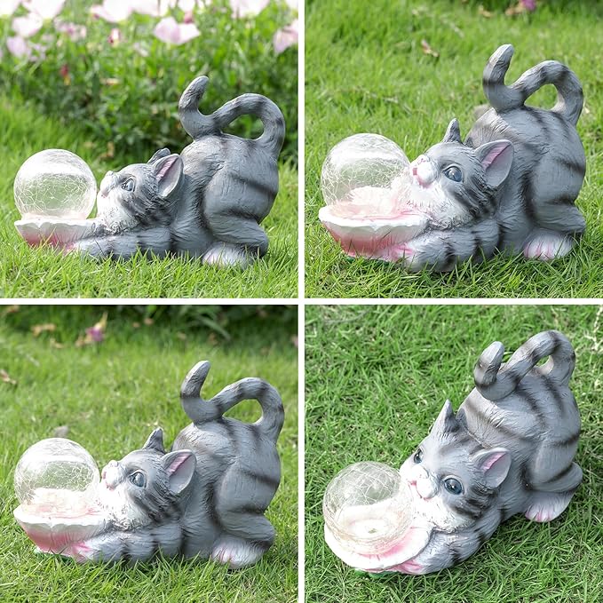 HUYIENO Solar Garden Statue Outdoor Cat Decor Figurine Lights Waterproof Garden Decor with Solar Crackled Ball Lights Housewarming Gifts for Yard,Patio,Lawn