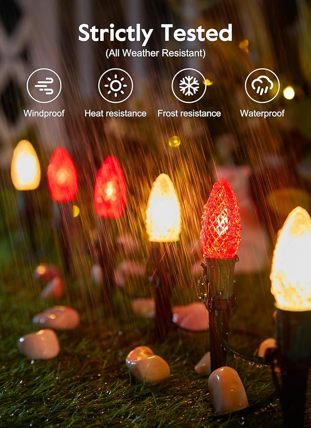 Brightown Strawberry C9 Christmas String Lights Outdoor - 25.7Feet 20 LED Pathway Lights,Connectable C9 Walkway Lights,Waterproof Christmas Lights Outdoor Decoration for Lawn Outside, Red & Warm White