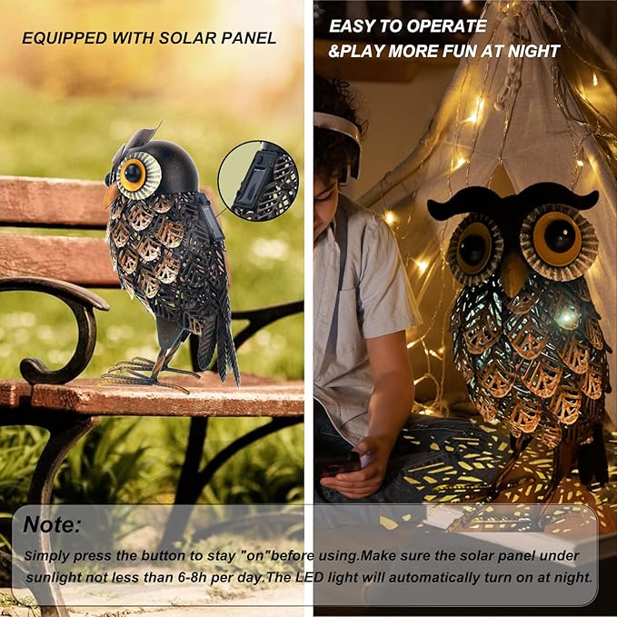 Shorayn Garden Statue Metal Owl Yard Art Outdoor Decor with Solar LED Lights for Patio Lawn Decoration Great Gifts