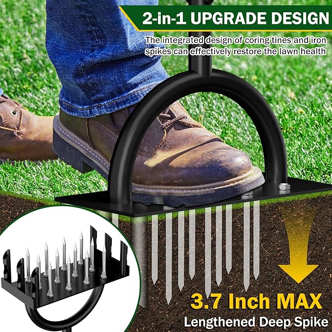 2-in-1 Lawn Aerator 43.3'',Aerator Lawn Tool with 18 Spikes,Manual Lawn Aerator Coring Tool,Yard Grass Plug Aerator for Lawn Aerating,Core Aerator with Cleaning Tool for Lawn Garden Care Compact Soil