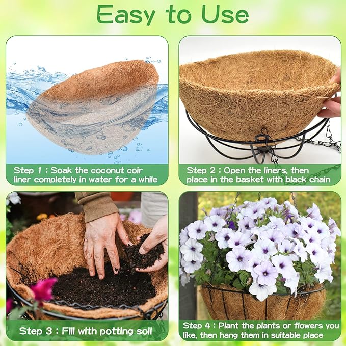 ZeeDix 3 Pack 16 Inch Metal Round Hanging Planter Basket with Coconut Liners Replacement, Hanging planters Baskets with Natural Coco Liner for Outdoor Indoor Planters Flowers Vegetables