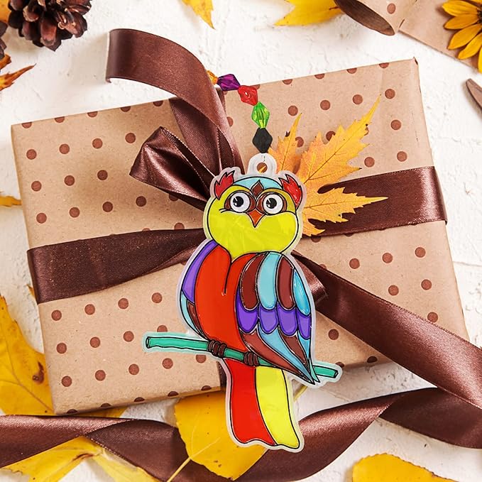 Winlyn 24 Sets Owl Suncatchers Ornaments Decorations DIY Window Paint Art Suncatchers Owl Craft Kits Sun Catchers for Kids Home Classroom Winter Holiday Season Fall Christmas Activities Party Favors