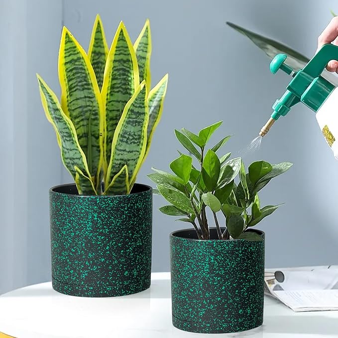 8/7/6 inch Plant Pots, 3 Pack Cylindrical Flower Pots for Outdoor Indoor Plants, Decorative Plastic Planters with Drainage Holes and Saucers for Garden House Plants, Black with Green Speckles