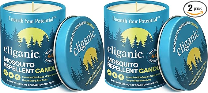 Cliganic Natural Mosquito Repellent Candle (9oz, Pack of 2) | Citronella, DEET Free, Essential Oil Infused for Outdoor, Camping | Burns 40 Hours
