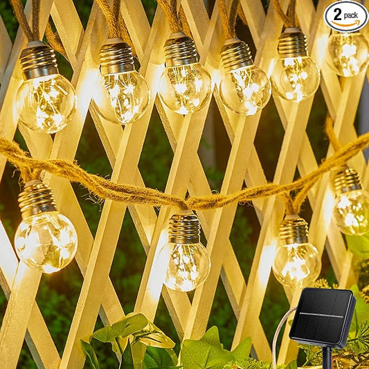 Brightown Solar String Lights Outdoor, 2 Pack 30Ft Vintage Hemp Rope Patio Lights with 15 Shatterproof Bulbs, 8 Light Modes Waterproof Hanging Lights for Backyard Fence Café Bistro Decor, Warm White