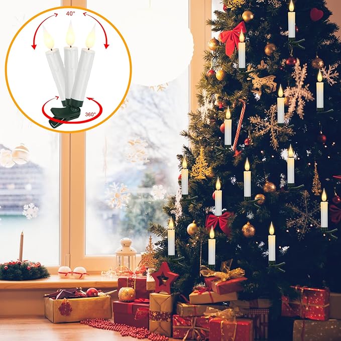 DRomance Christmas Tree Flameless Taper Candle Lights Battery Operated with 10-Key Remote and Timer, 30 Pack Plastic 3D Wick Flickering LED Taper Candles Multi-Using Home Garden Holiday Decor 3.4"