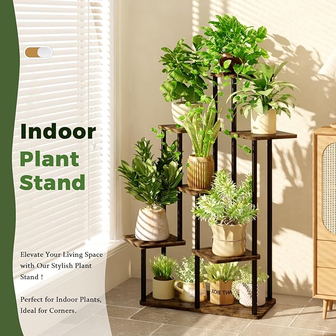 7 Tiered Plant Stand Indoor Corner Plant Shelf for Multiple Plants for Patio Garden Balcony Living Room Bedroom, Tall Metal Flower Pots Stand Relaxing for Women Gift Brown Oak
