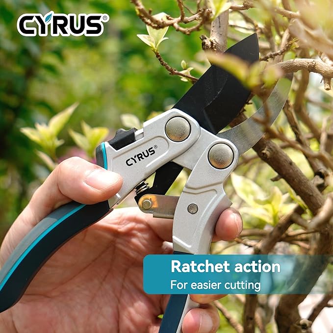 CYRUS Pruning Shears for Gardening 8" Pruners Trimming Scissors Ratchet Wheel Effortless Pruning Non Stick Coating Blade with Anti Slip Handle Scissors Widely Used for Gardening, Hydrology, Grow Tents