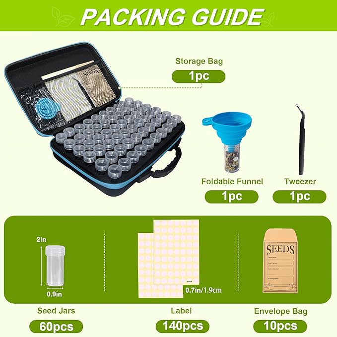 60 Slots Seed Storage Organizer Box with 10 Seed Envelopes, Large Capacity Seed Storage Container with Zipper Bag, Label Stickers, Tweezers, Funnel, Garden Seeds Saver Kit for Vegetable, Flower