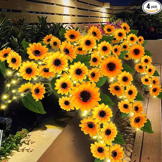 Solar Garden Lights Outdoor, 4 Pack Sunflower Lights with 92 Lifelike Sunflower, Waterproof 360 Bright LED Fall Garden Decor Solar Flowers for Patio Flowerbed Yard, Gift for Mom