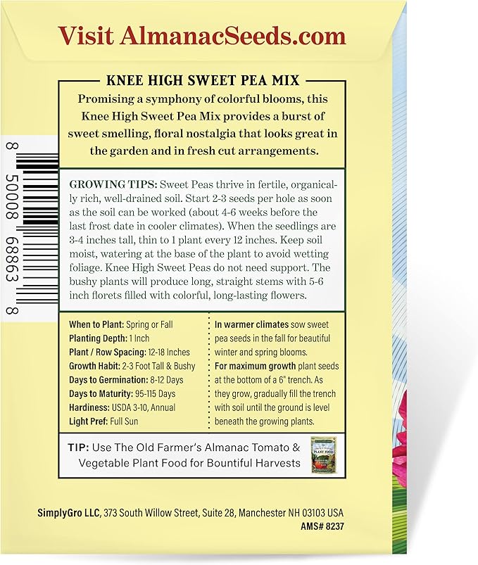 The Old Farmer's Almanac Sweet Pea Seeds (Knee High Mix) - Approx 10 Flower Seeds - Premium Non-GMO, Open Pollinated, USA Origin