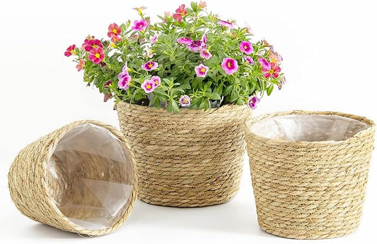 Plant Baskets for Indoor Plants, Seagrass Flower Plant Pots Cover Storage Basket for Organizing,9.8 inch,Brown Set of 3