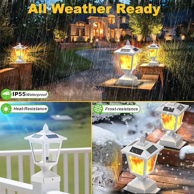 Solar Post Flame Light,Outdoor Deck Fence Post Cap LED Light,Waterproof 4x4 5x5 6x6 White Post Top Solar Powered Light with Flickering Flame for Garden Outside, 4 Pack