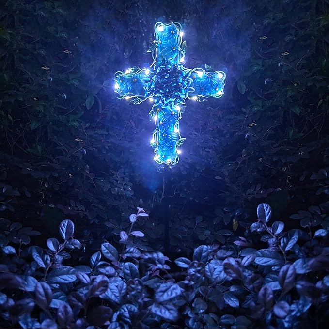 Solar Cross Garden Lights Outdoor Decorative - Solar Metal&Glass Cross Blue Hydrangea Flower Stake Lights- Waterproof 20 Warm White LED for Remembrance Gifts