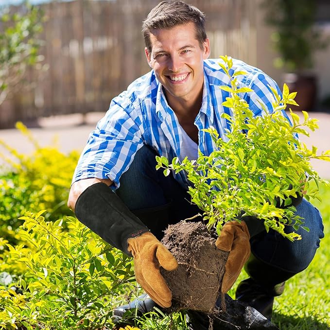 HANDLANDY Ladies Leather Gardening Gloves, Thorn Proof Women Long Rose Gloves (Black-brown, Medium (Pack of 1))
