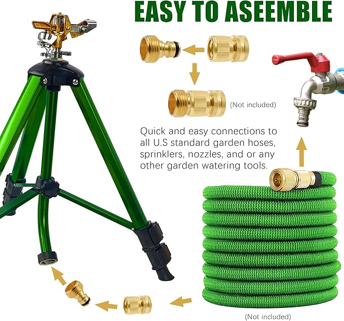 Impact Sprinkler on Tripod Base, Tripod Sprinklers with Brass Head, 360 Degree Large Area Irrigation with Extension Legs Flip Locks, Heavy Duty 3/4" Connector for Lawn Yard Garden