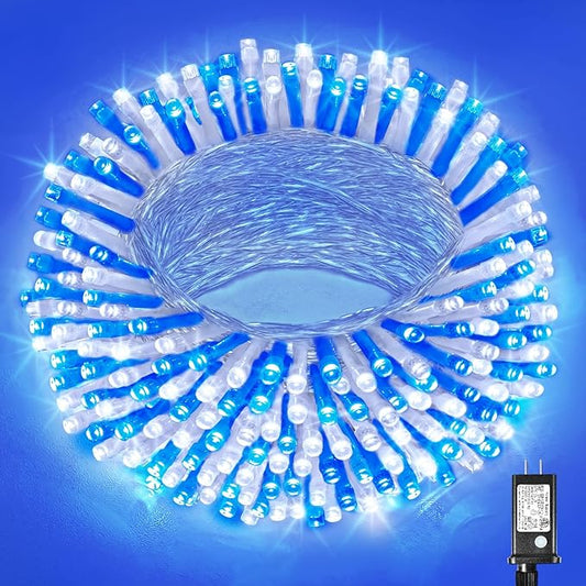100 LED Christmas Lights Outdoor - 33ft Christmas String Lights 8 Modes Plug in Waterproof Twinkle Fairy Lights with Timer Memory for Indoor Outside Bedroom Home Party Decoration, Blue&White