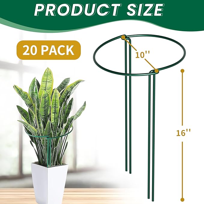 TCBWFY 20 Pack Garden Plant Support Stakes,10" Widex16 High Heavy Duty Interlinked Half Round Peony Support Ring Cage for Indoor Outdoor Plants,Plant Supports for Peony,Tomato,Hydrangea,Rose