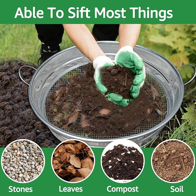 19'' Extra Large Soil Sifter with Handles, Compost Sifter for Gardening, Dirt Sifter,Rock Sifter,Garden Sieve for Compost Dirt Rocks Pellet Gravel Sand Leaves,Garden Tool 19" x19"x4.3" with 1/4" Mesh