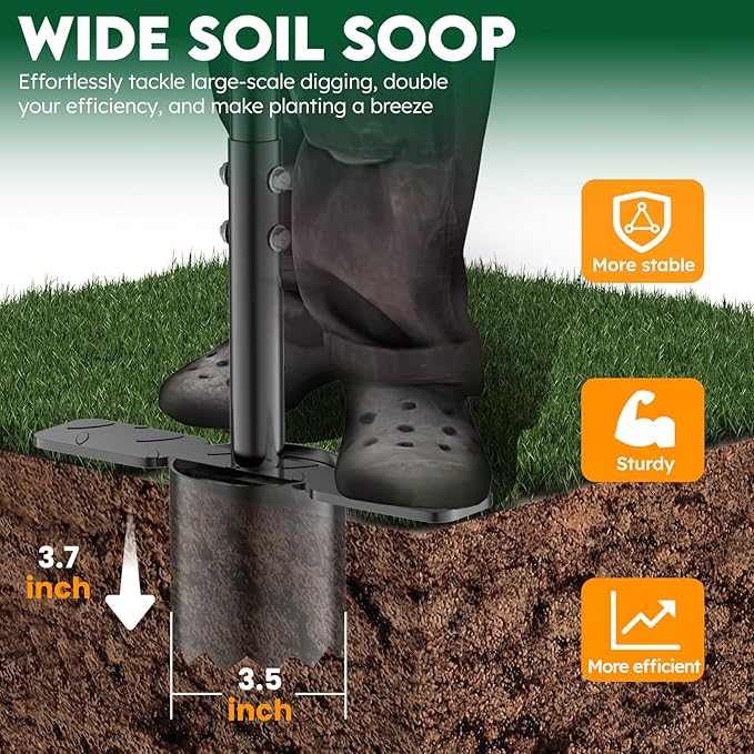 BreeRainz Bulb Planter Tool Long Handle,Height Adjustable Sod Plugger Tool w/ 3.5" Wide Serrated Base,Heavy Duty Dual-Peda Garden Tool for Planting Tulips, Iris, Daffodils,Soil Sampler Transplanting