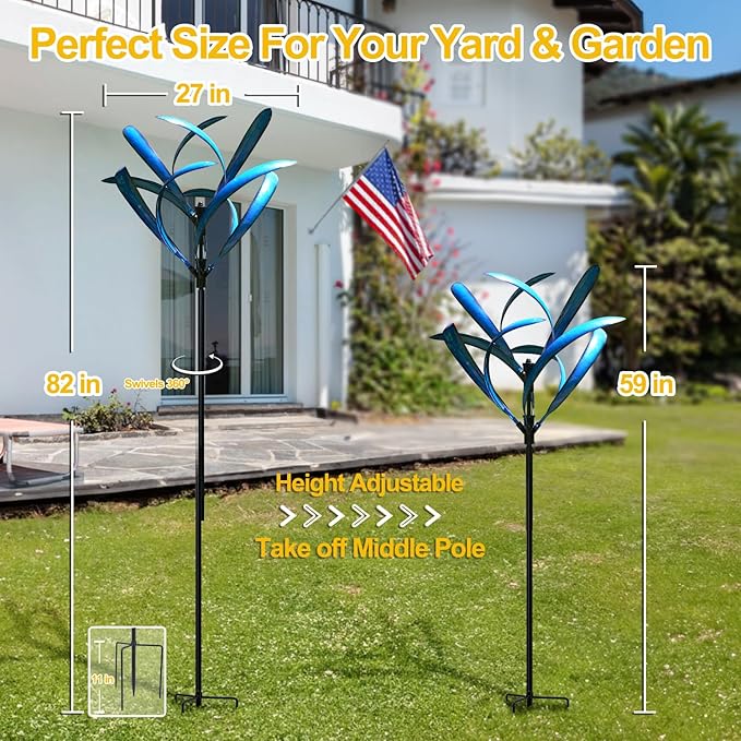 LimeHill Wind Spinner for Yard and Garden - Large Metal Kinetic Wind Sculptures for Outdoor Decorations (Blue Lotus 2)