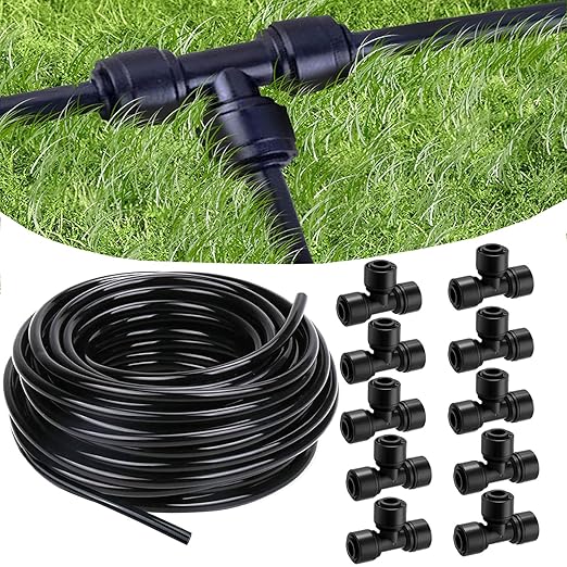 100 Foot (30 m) Drip Hose,1/4 Inch Blank Distribution Hose Drip Hose with 10 Packs of 1/4 "Drip Tee Connectors,Suitable for Quick Connector Irrigation Systems,Small Garden Irrigation Systems