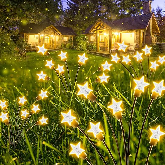 2 Pack Star Solar Firefly Lights, Outdoor Waterproof Garden Lights,Decorative Lights, Flexibility Swaying Lights for Pathway Yard Walkway Patio Decoration, Warm White