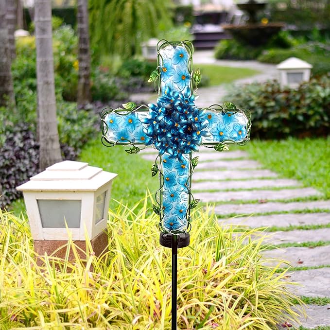 Solar Cross Garden Lights Outdoor Decorative - Solar Metal&Glass Cross Blue Hydrangea Flower Stake Lights- Waterproof 20 Warm White LED for Remembrance Gifts