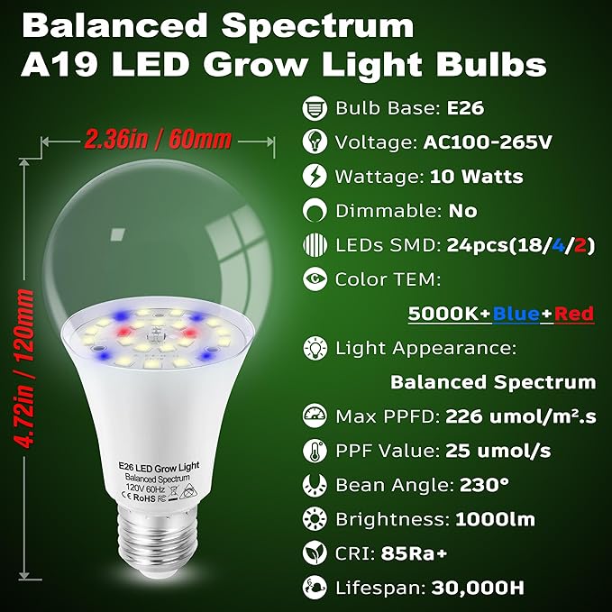 Grow Light Bulbs for Indoor Plants Full Spectrum E26 A19 10W,Grow LED Light Bulb with Balanced Spectrum 5000K Blue Red for Seeds Greens Laboratory,School,Greenhouse, Indore Garden, Hydroponic,1Pcs
