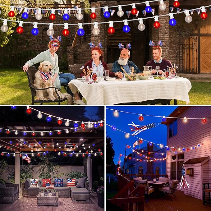 G40 LED Red White and Blue Lights, 27.8 FT 4th of July Lights Plug in with 25+3 Bulbs, Patriotic Decorations Outdoor String Light for Memorial Day Independence Day Patio Garden Backyard Bistro Decor