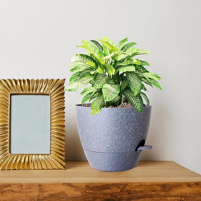 10 inch Self Watering Pots, Planter, Plant Pots with Mesh Drainage Holes for Indoor Outdoor House Plants and Garden, Set of 2 Plastic Flower Pots with Deep Reservoir, Speckled Grey